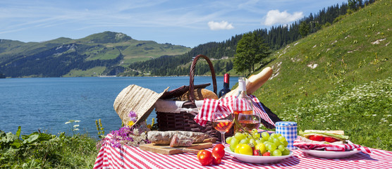 Picnic in french alps with lake