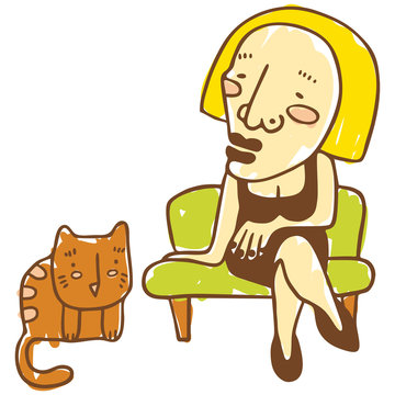 Lady On The Couch And The Cat