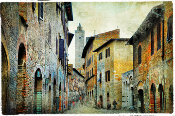 medieval Tuscany. Streets of San Gimignano - obrazy, fototapety, plakaty