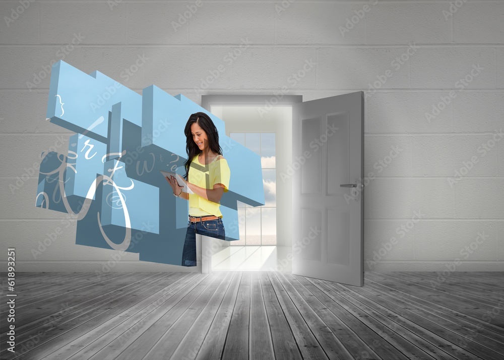 Poster Composite image of student using tablet on abstract screen