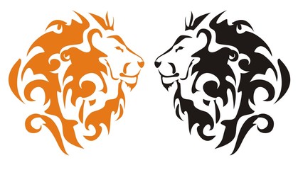 Tribal lion heads. Orange and black on the white