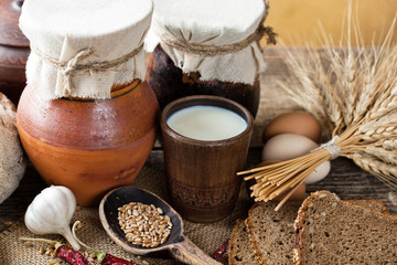 Bread rye spikelets on an old background