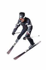 One male skier skiing with full equipment on a white background