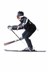 One male skier skiing with full equipment on a white background