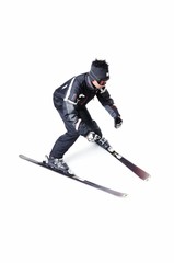 One male skier skiing without sticks on a white background