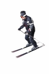 Fototapeta na wymiar One male skier skiing with full equipment on a white background