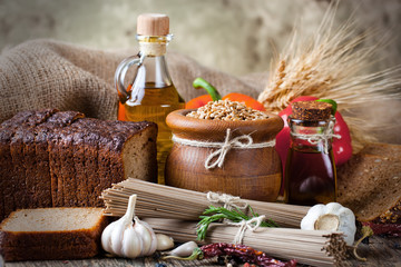 Bread rye spikelets on an old background