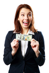 Laughing businesswoman holding US dollars