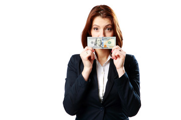 Businesswoman holding US dollars isolated on a white background