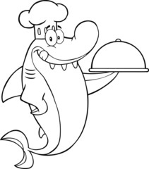 Black And White Chef Shark Cartoon Character Holding A Platter