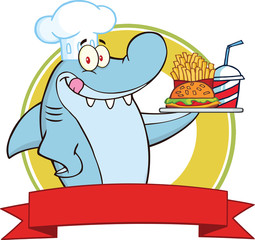 Chef Shark With Plate Of Hamburger,French Fries And Soda Label