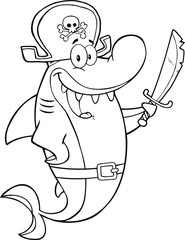 Black And White Pirate Shark Cartoon Character Holding A Sword