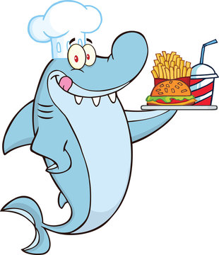 Chef Shark Holding A Plate Of Hamburger And French Fries