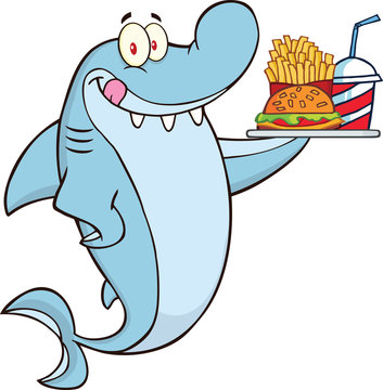 Shark Character Holding A Plate Of Hamburger And French Fries