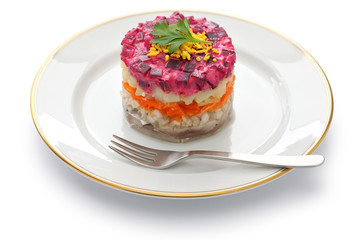 Russian traditional salad, dressed herring under fur coat