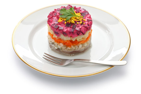 Russian traditional salad, dressed herring under fur coat