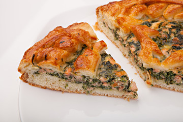 Salmon and broccoli quiche. pie with fish