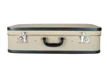 Vintage suitcase isolated on wooden background