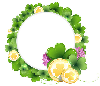 Gold coins on clover background