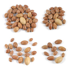 Set of groups of argan nuts on white background.