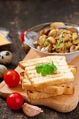 Toast sandwich with mushroom, cheese and parsley,selective focus