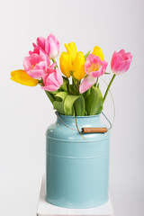 Bunch of spring tulips flowers in metal pot isolated on white