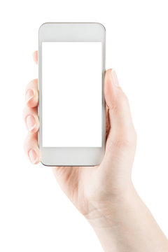 Hand holding white smartphone with blank screen