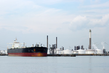 Large oil tanker in port