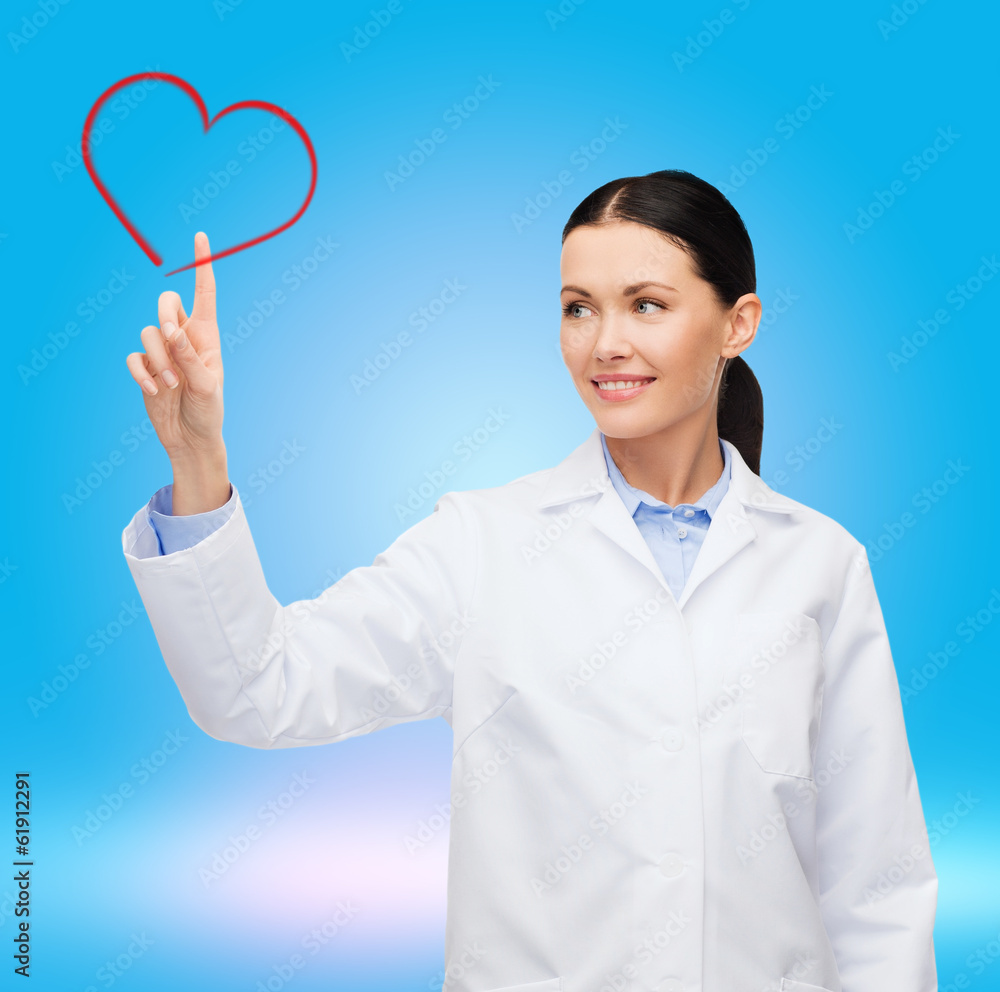 Sticker smiling female doctor pointing to heart