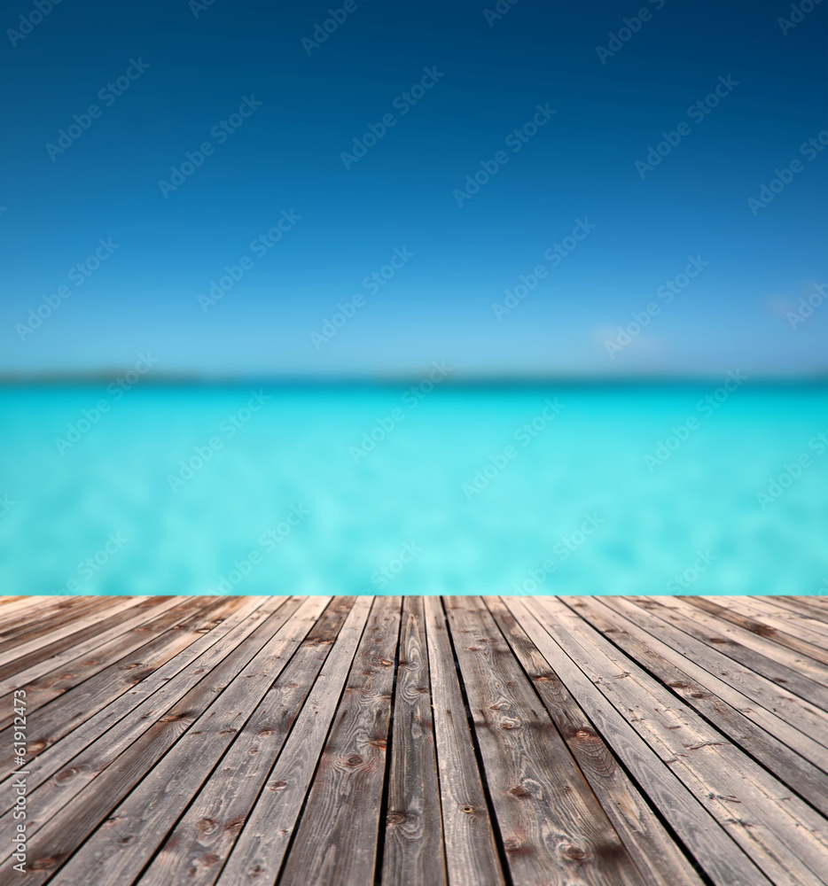 Wall mural wooden floor and blue sea