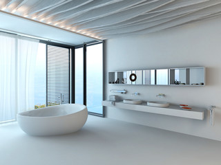 Fototapeta na wymiar Modern luxury bathroom interior with white bathtub