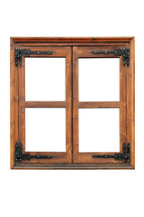 Wooden casement window with decorative strap hinges isolated