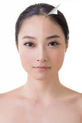 Fototapeta premium Face of beautiful Asian woman before and after retouch