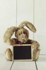 Teddy Bear Like Home Made Bunny Rabbit on Wooden White Backgroun