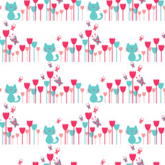 Seamless pattern with cute kittens in flowers
