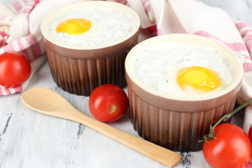Baked eggs close up