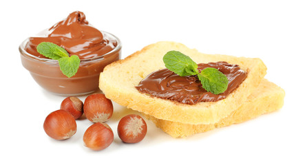 Bread with sweet chocolate hazelnut spread isolated on white