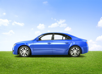 Shiny Blue 3D Sedan Outdoors