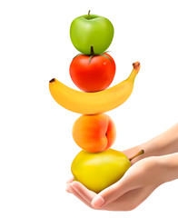Hands holding a pyramid of healthy fruit. Diet concept. Vector.