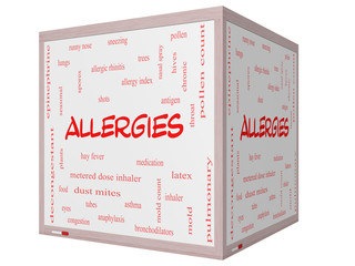 Allergies Word Cloud Concept on a 3D cube Whiteboard