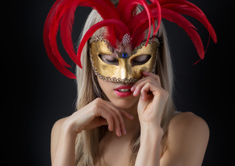 Glamour photo of sexy woman wearing mysterious venetian mask