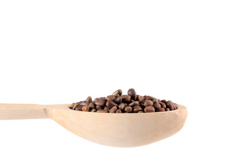 Wooden spoon full with pine nuts.