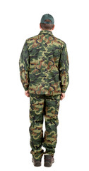 Man in military suit back view.