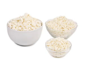 Three bowls with cottage cheese.