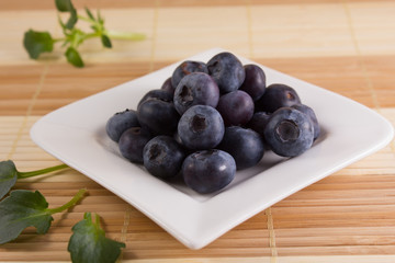 tasty bilberries on a square-shaped plate