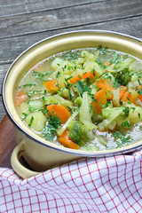 egetable soup with cabbage, broccoli, potatoes and carrots