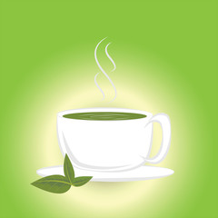 Hot green tea or cup of tea on a green background