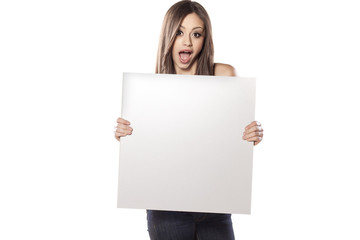 young pretty girl hold a empty board and shouting