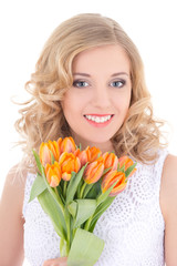 Obraz na płótnie Canvas beautiful smiling woman with orange flowers isolated on white