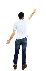 Back view of pointing young men in shirt and jeans